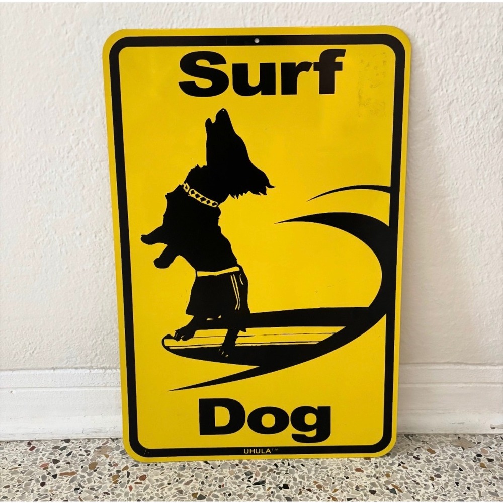 Uhula Metal Sign 12x18 Yellow Surf Dog Beach Decor Tin‎ Excellent
